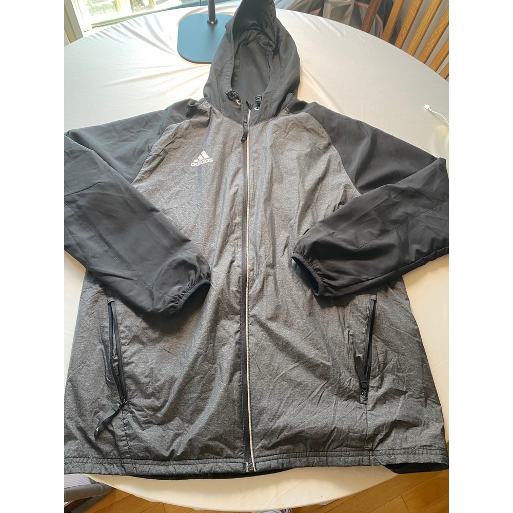 Adidas Mens Hooded Windbreaker Jacket Grey Black Full Zip Mesh Lined 6704A L